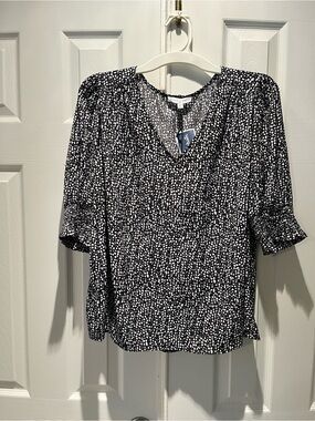 Ann Taylor Black and White Abstract Dot V-Neck Blouse